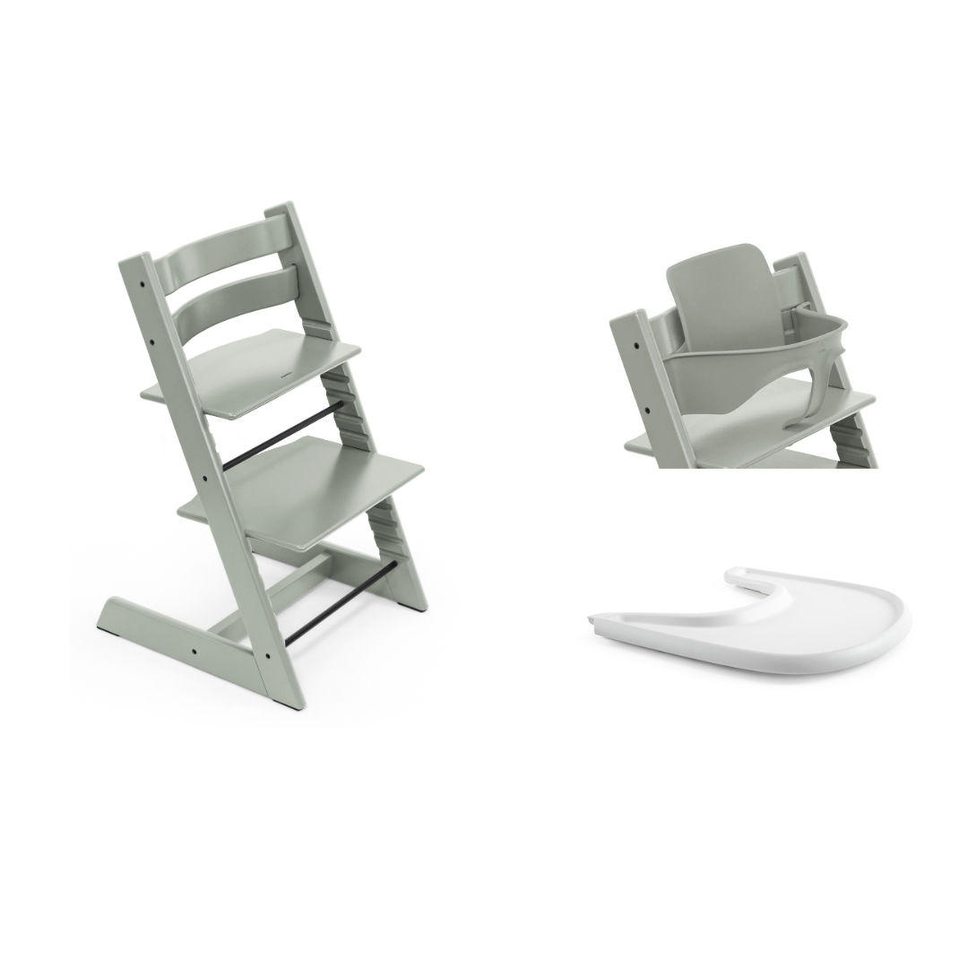 Stokke Tripp Trapp High Chair Glacier Green with Baby Set and Tray Bundle