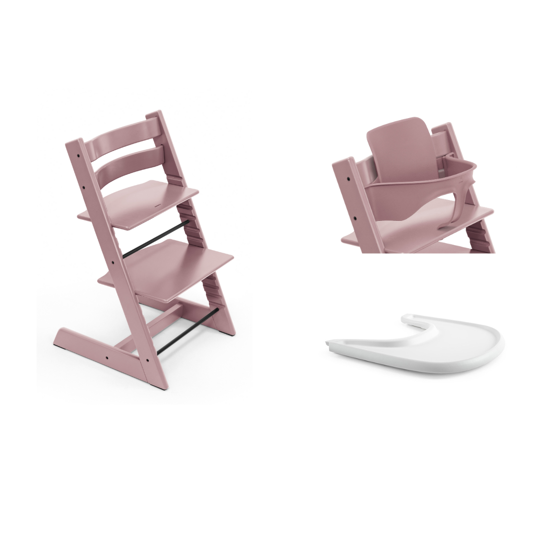 Stokke Tripp Trapp High Chair Heather Mauve with Baby Set and Tray Bundle