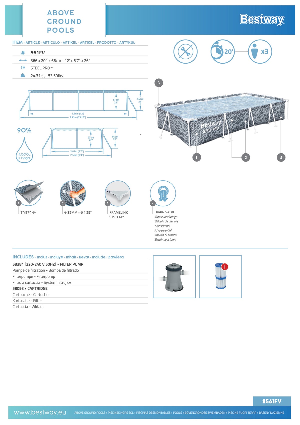 Bestway Steel Pro Rectangular Frame Pool - 366x201x66cm