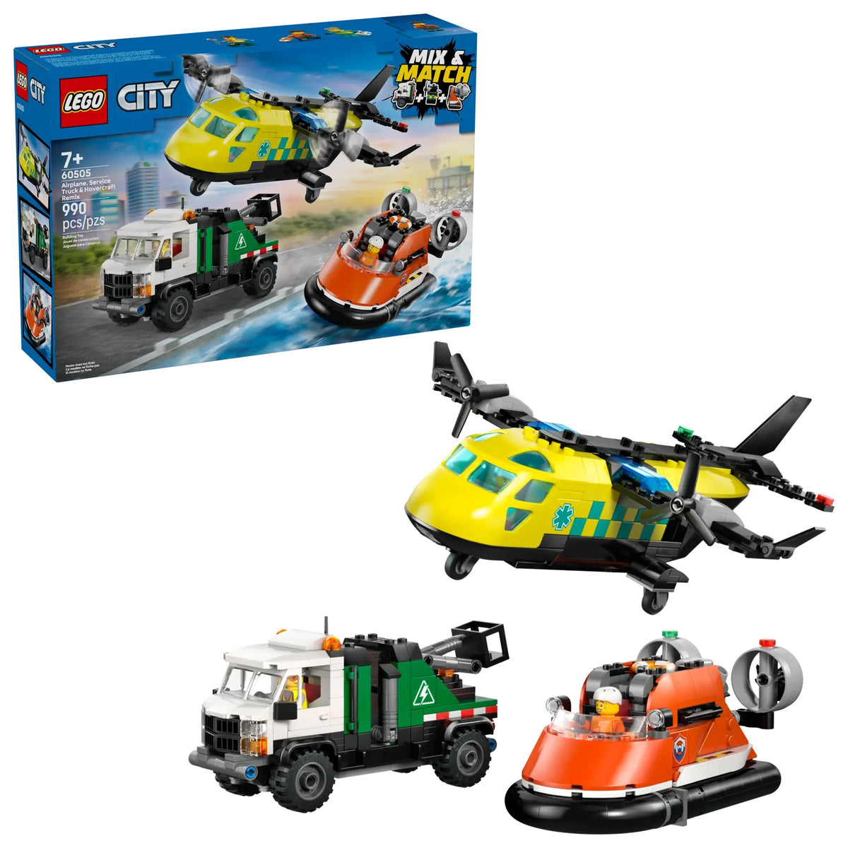 LEGO City Airplane, Service Truck & Hovercraft Remix Building Set  3-in-1 Emergency Vehicle Toy for Kids
