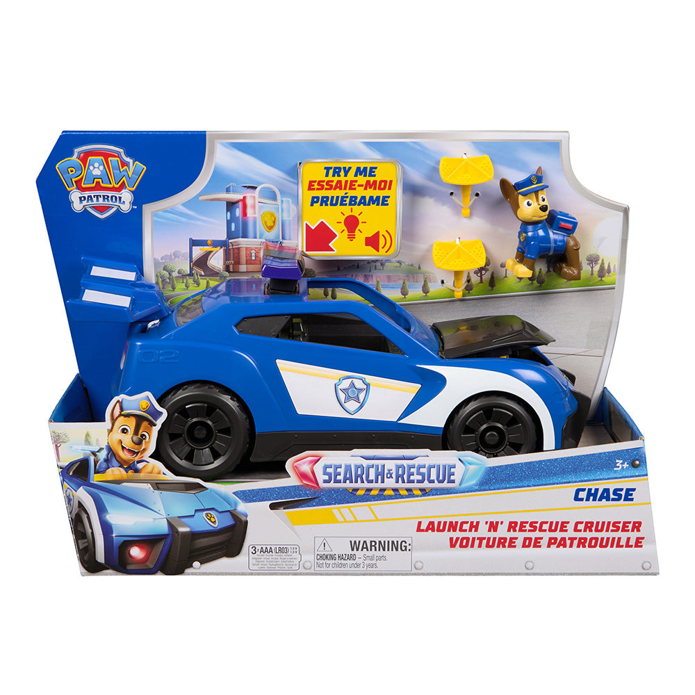 Paw Patrol Search & Rescue Chase Cruiser 27.9 cm with Lights, Sounds, Drone Launcher, Rescue Net & Chase Figure - Kids Toy Ages 3+