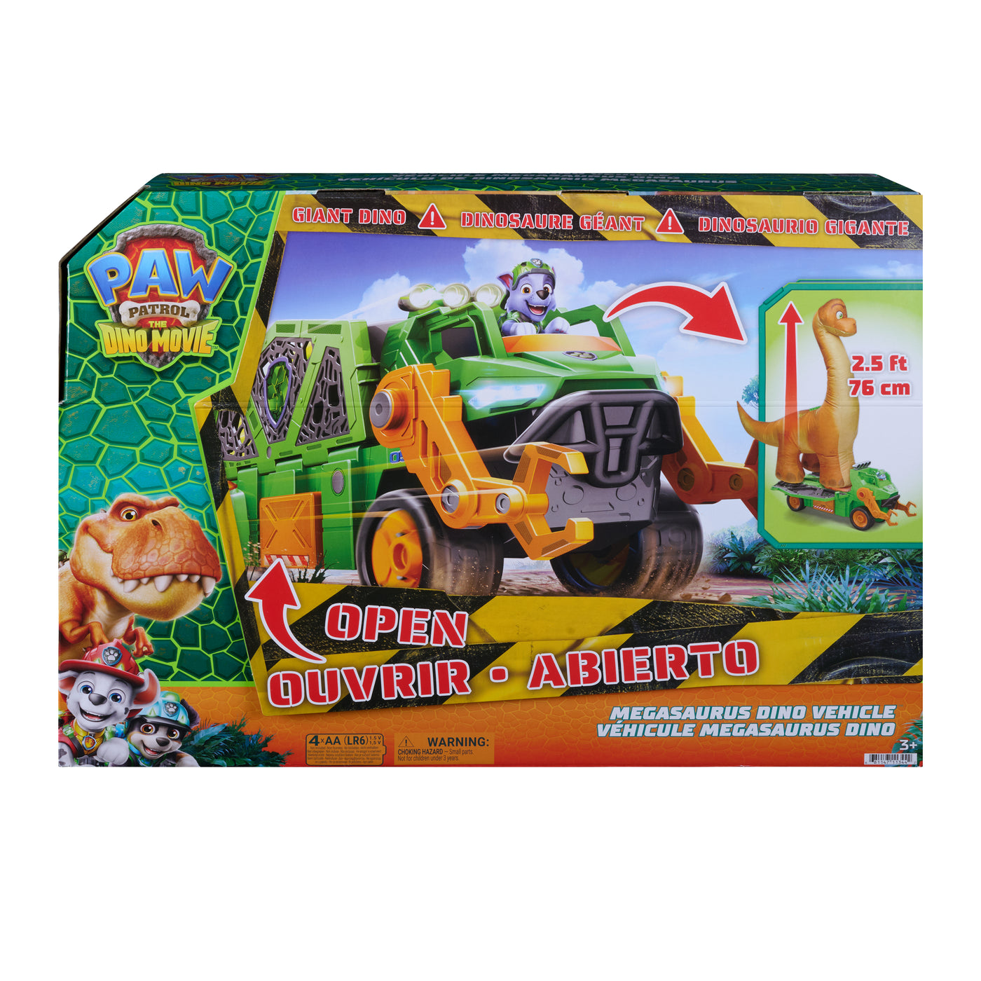 Paw Patrol: The Dino Movie Rocky's Megasaurus Transport Vehicle, Push Button Inflatable Dino with Sound Effects and Rocky Figure