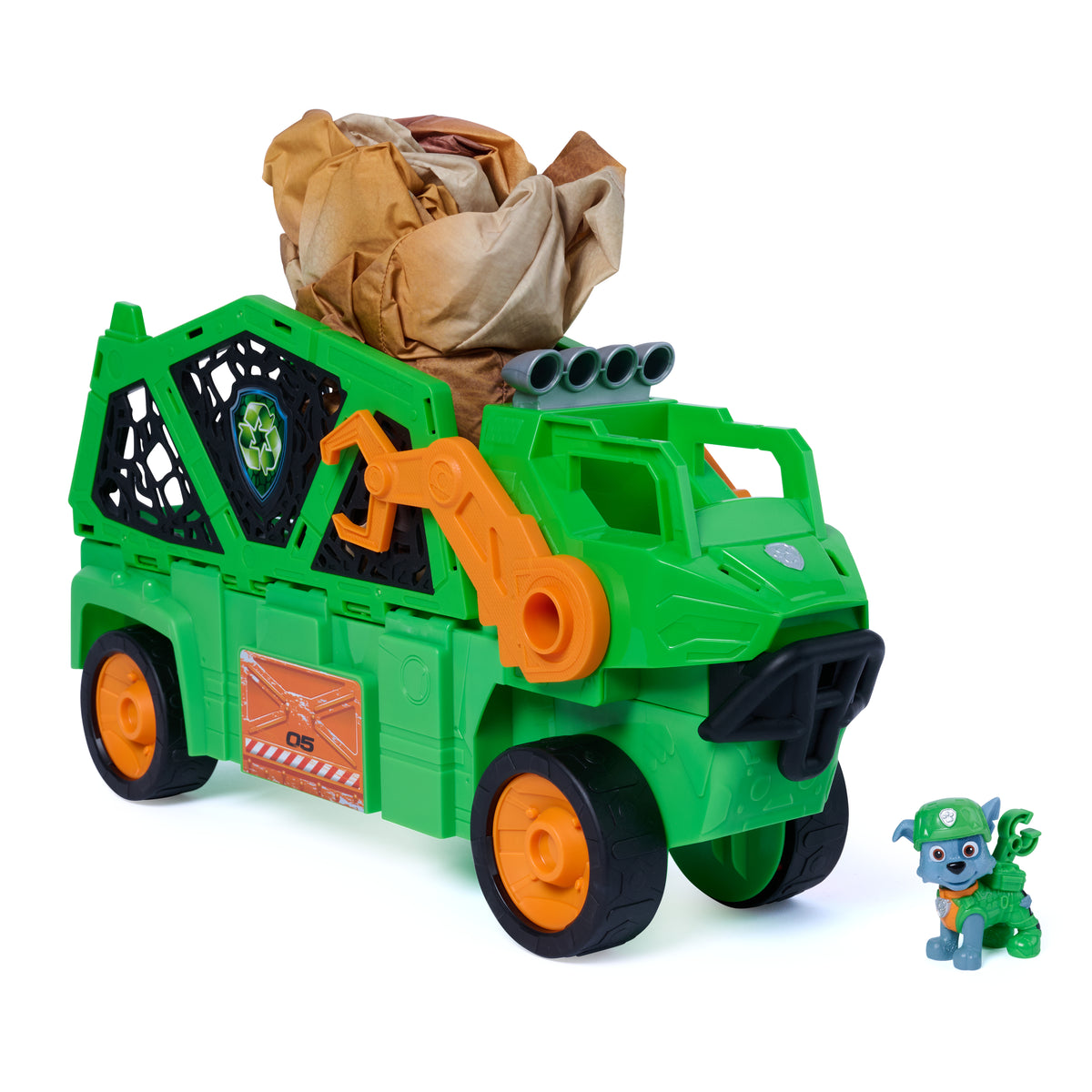 Paw Patrol: The Dino Movie Rocky's Megasaurus Transport Vehicle, Push Button Inflatable Dino with Sound Effects and Rocky Figure