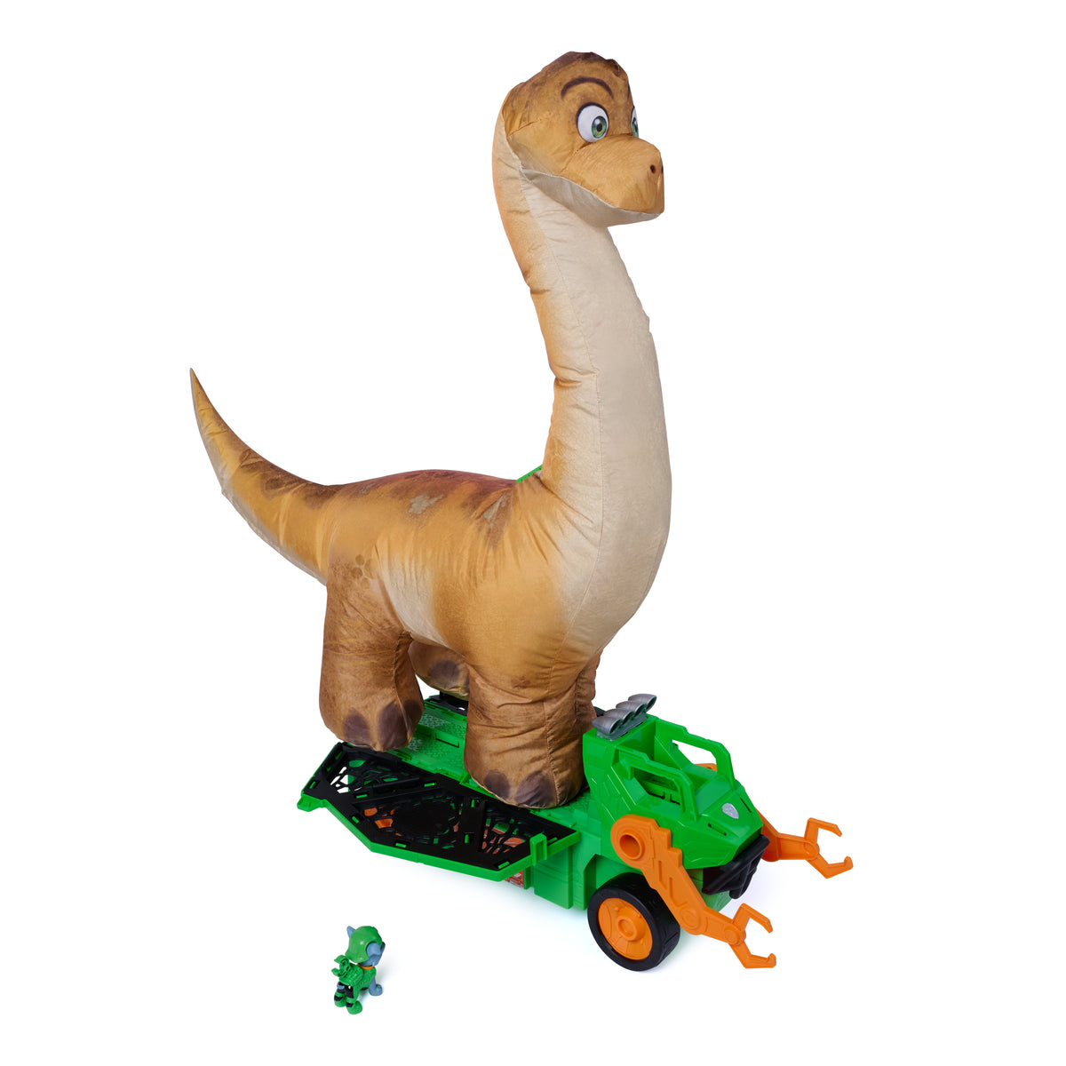 Paw Patrol: The Dino Movie Rocky's Megasaurus Transport Vehicle, Push Button Inflatable Dino with Sound Effects and Rocky Figure