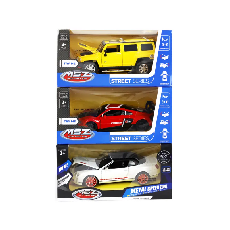 Power Joy Vroom Vroom DC Licensed MSZ 1:24 Diecast Metal with Pull Back, Lights and Sound Assorted - Sold per piece (Selection is random and subject to availability)