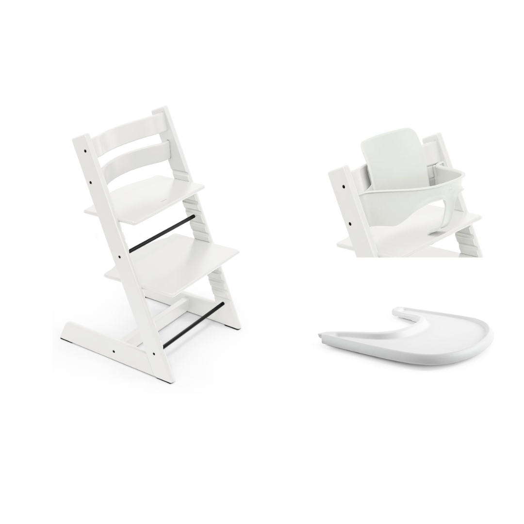Stokke Tripp Trapp High Chair White with Baby Set and Tray Bundle