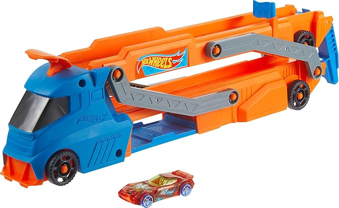 Hot Wheels City Speed Track Transporter with 1:64 Scale Vehicle Toys for Kids