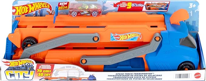 Hot Wheels City Speed Track Transporter with 1:64 Scale Vehicle Toys for Kids