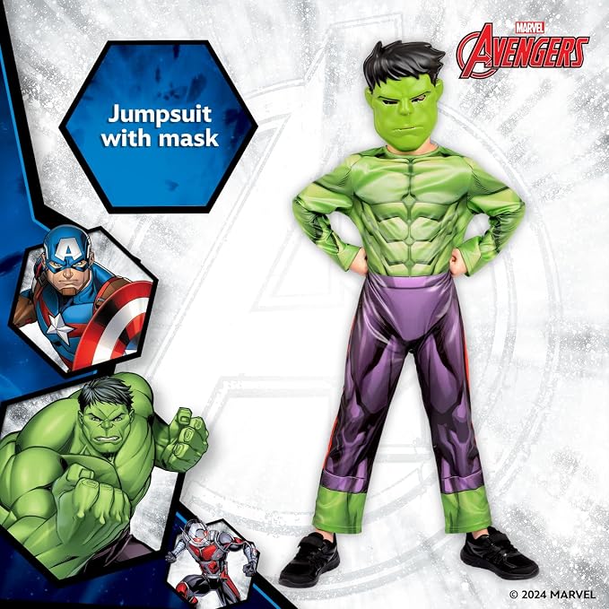 Marvel Avengers Hulk Classic Costume for Kids Superhero Fancy Dress Outfit, 7-8 Years