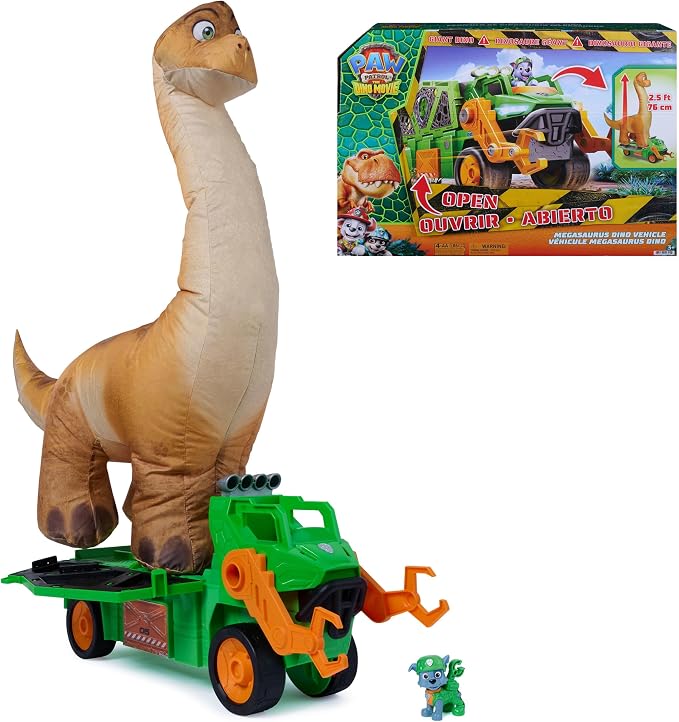 Paw Patrol: The Dino Movie Rocky's Megasaurus Transport Vehicle, Push Button Inflatable Dino with Sound Effects and Rocky Figure
