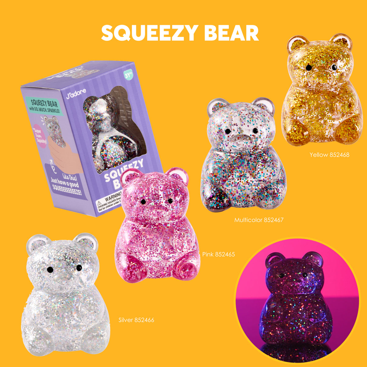 J'adore Squeezy Bear Sensory Squishy Toy Assorted Colours (1 Piece, Random Selection)