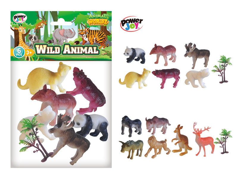 Power Joy Animal Worldz Safari Animal Figures 4 Inch, 6 Pieces, Assorted Wild Animal Toy Set, Ages 3+