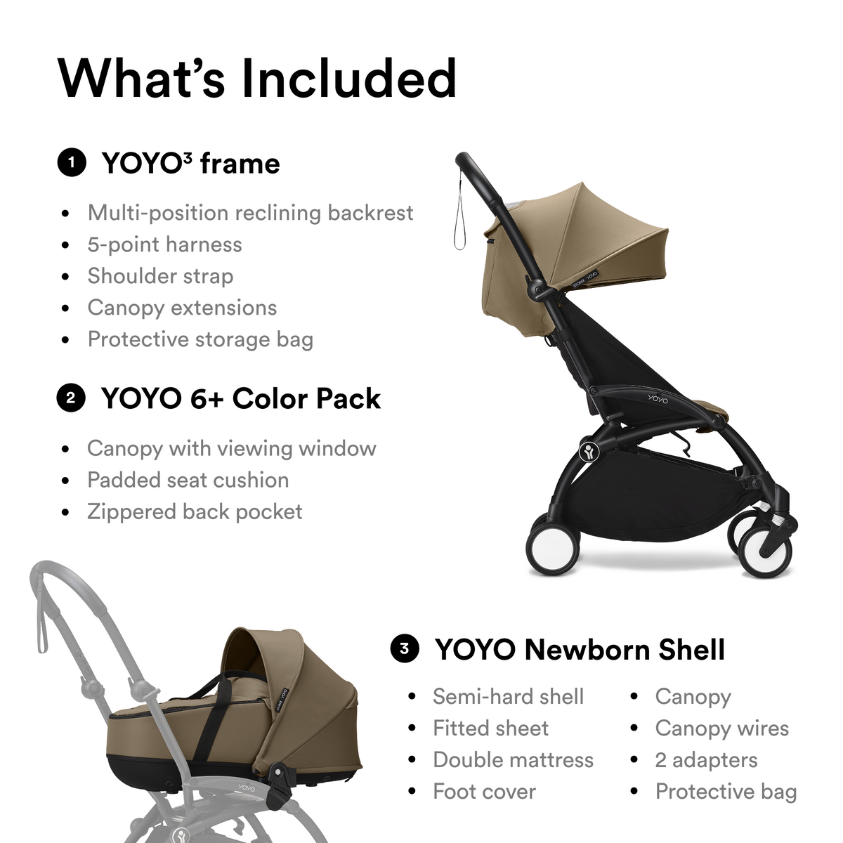 Stokke YOYO3 Frame Black + Newborn & 6+ Pack Bundle Toffee