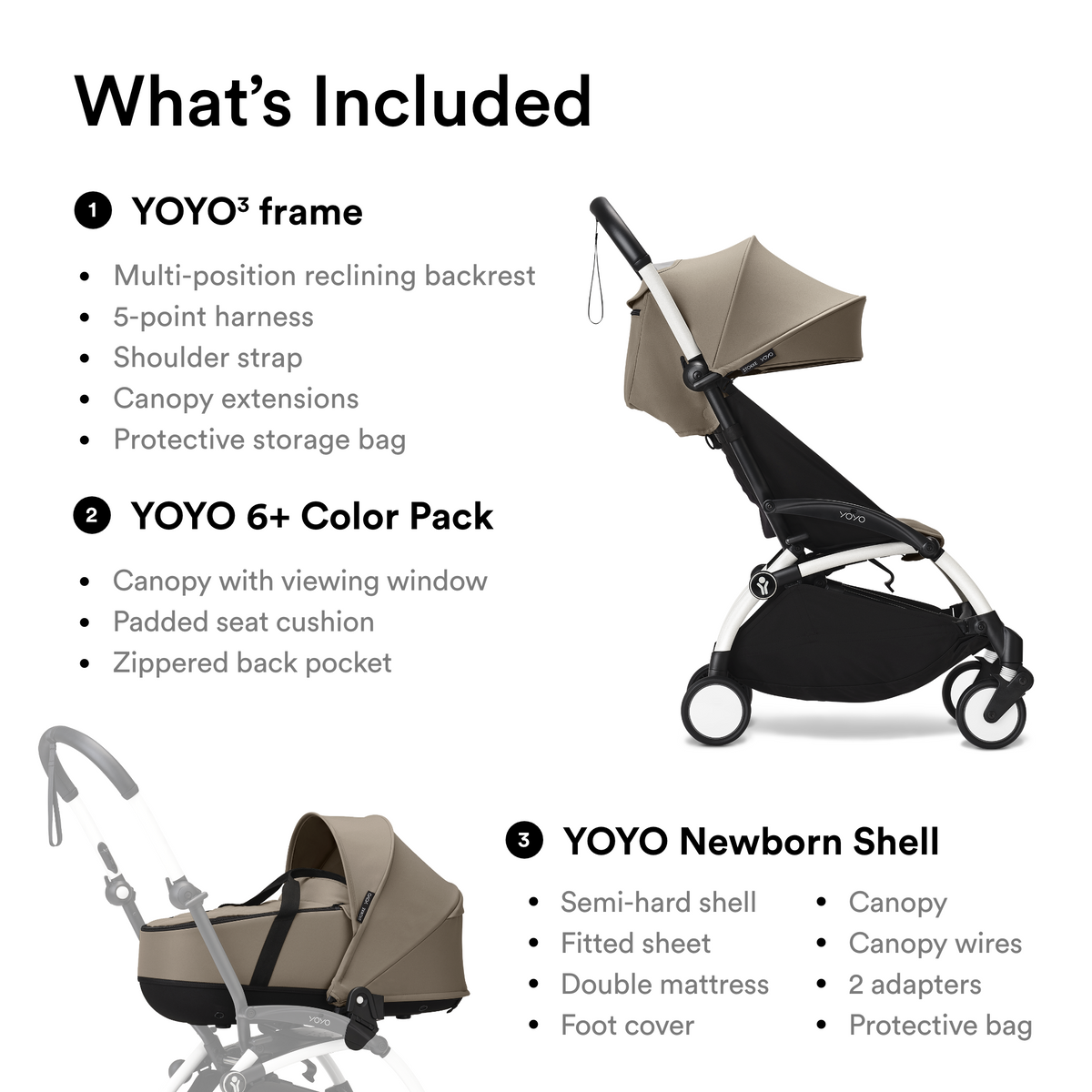Stokke YOYO3 Stroller White Frame Newborn & 6+ Bundle - Taupe