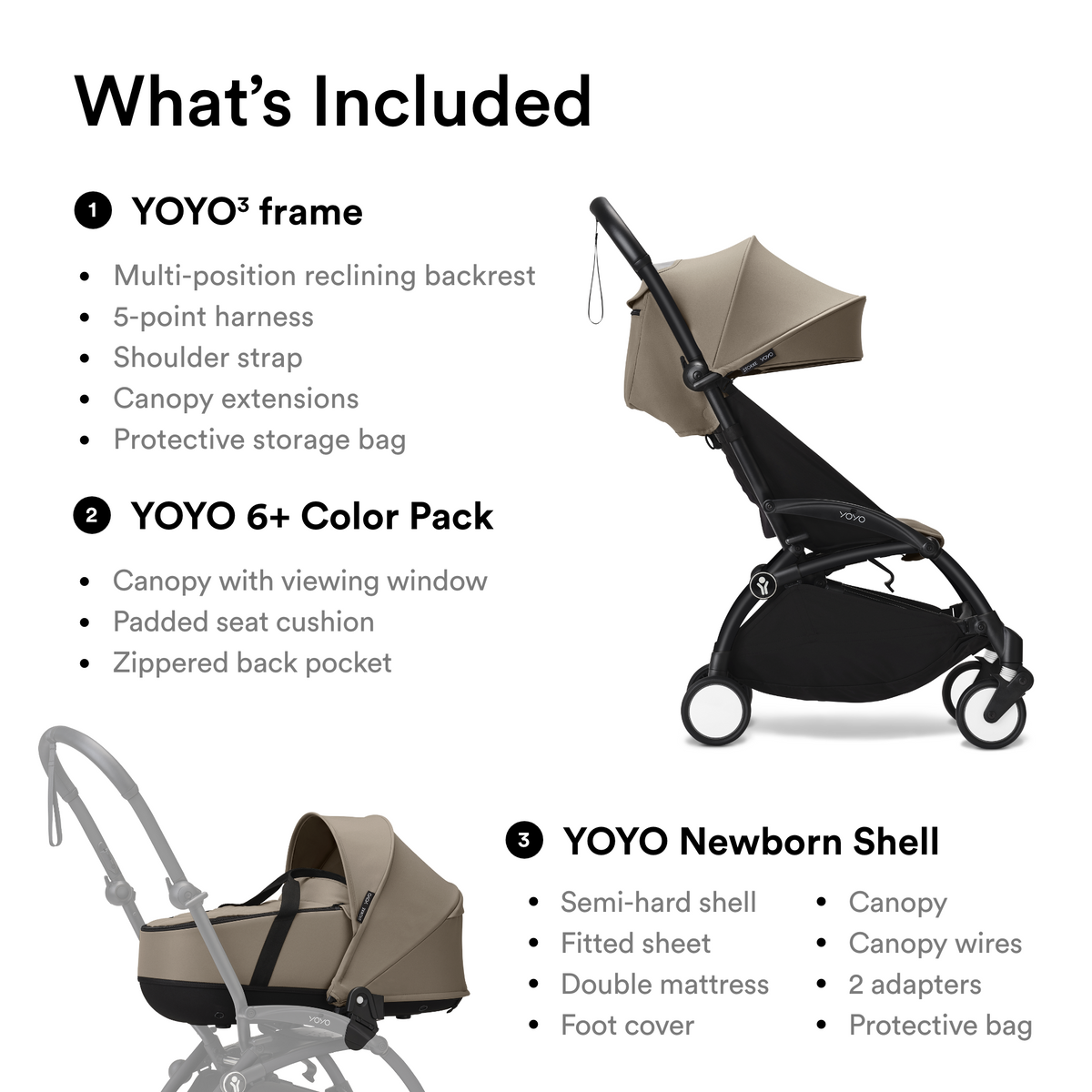 Stokke YOYO3 Frame Black + Newborn & 6+ Pack Bundle Taupe