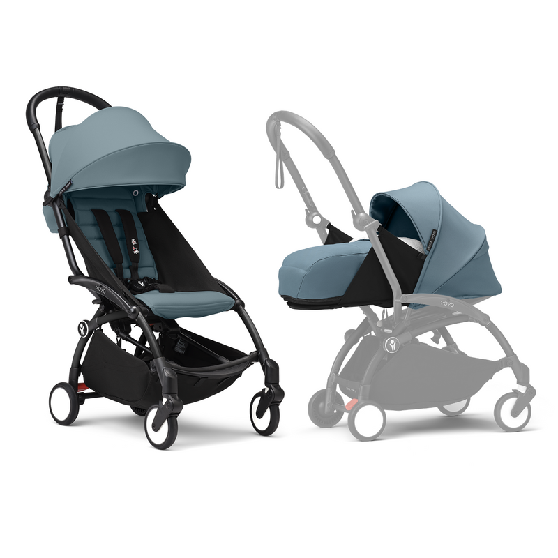 Stokke YOYO3 Stroller Black Frame Newborn & 6+ Bundle - Aqua