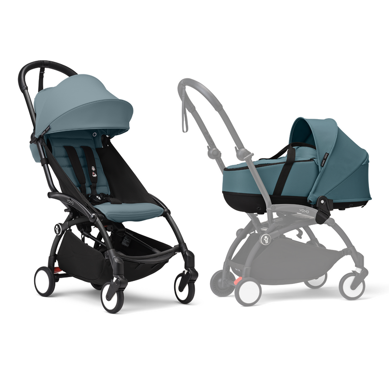 Stokke YOYO3 Stroller Black Frame Newborn & 6+ Bundle - Aqua