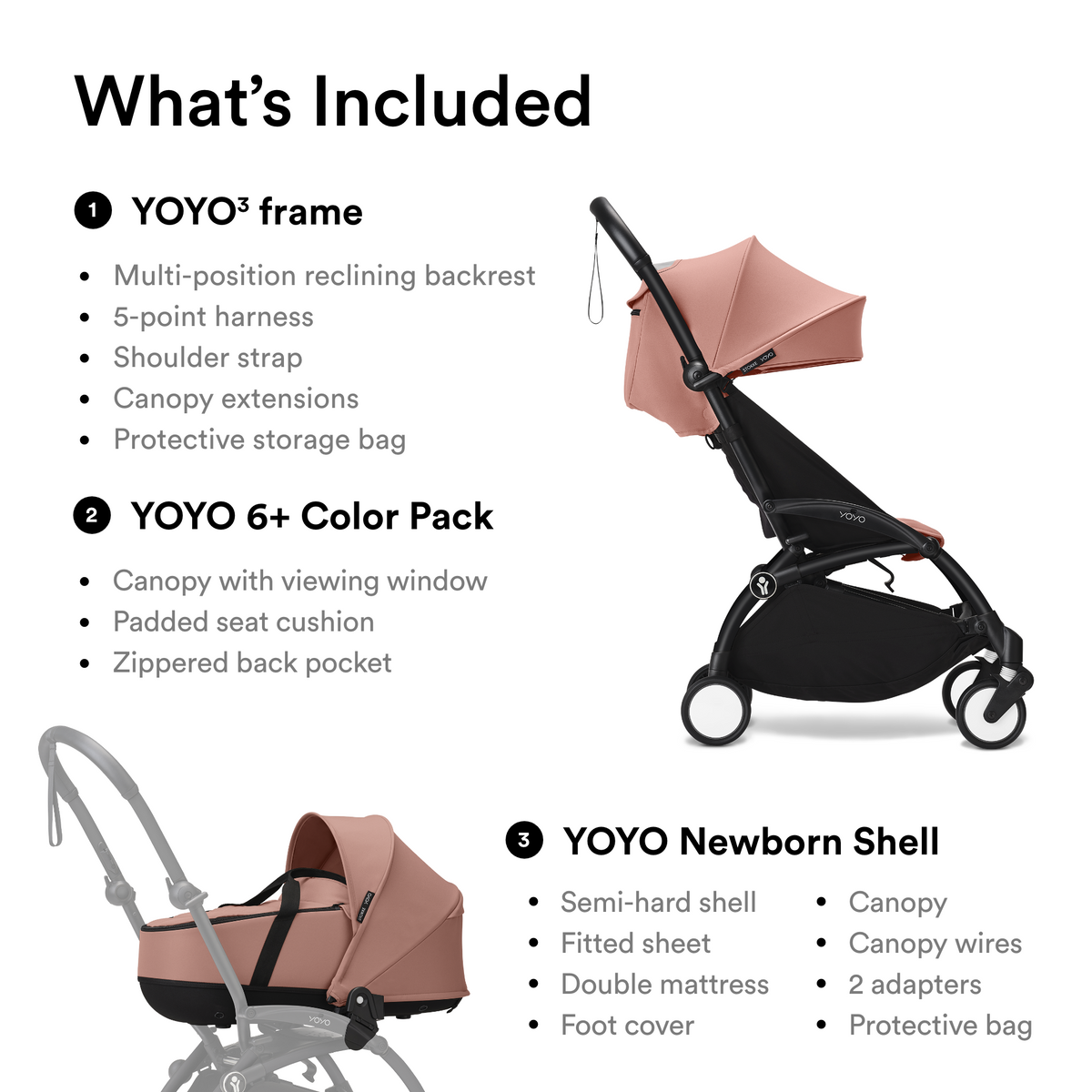 Stokke YOYO3 Frame Black + Newborn & 6+ Pack Bundle Ginger