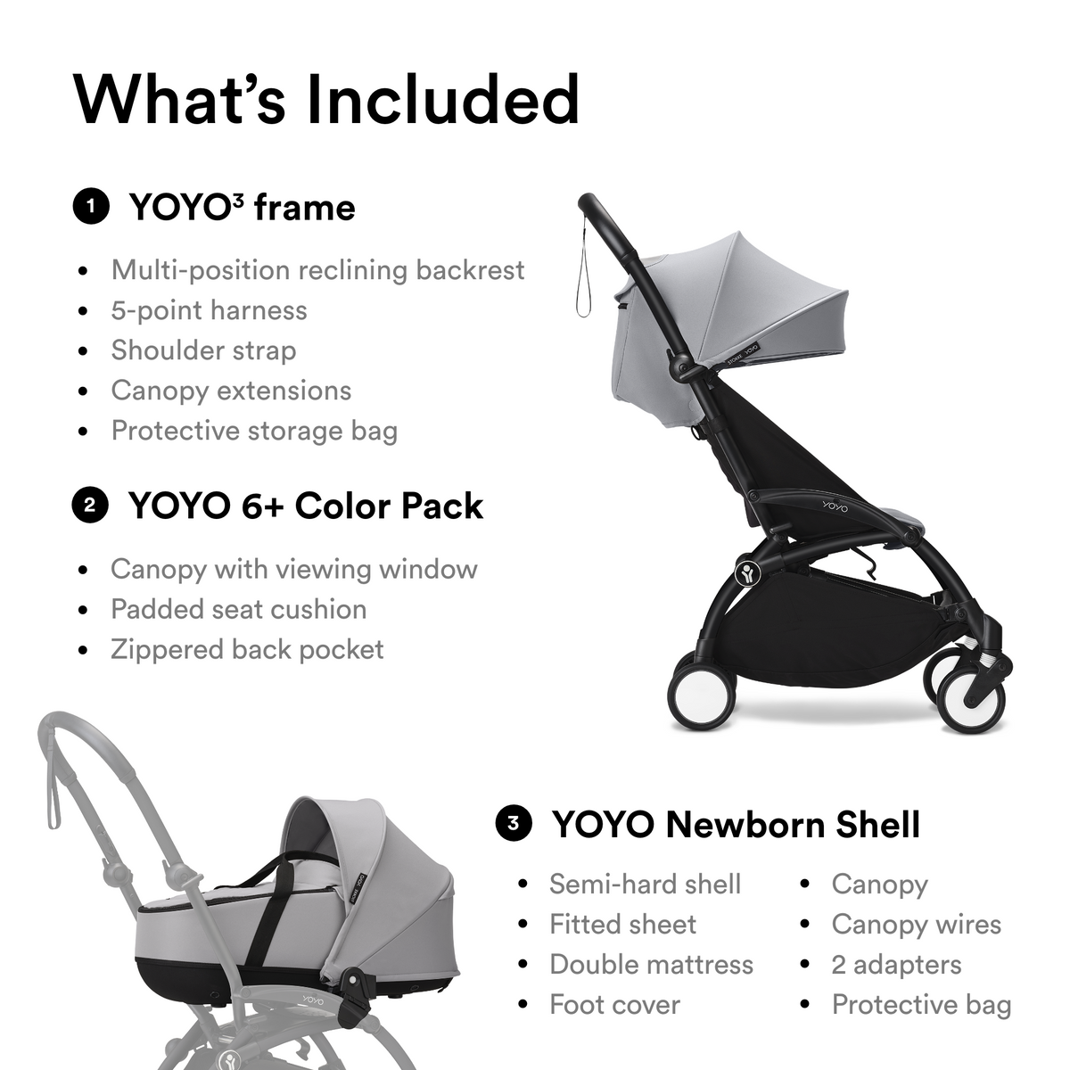 Stokke YOYO3 Frame Black + Newborn & 6+ Pack Bundle Stone