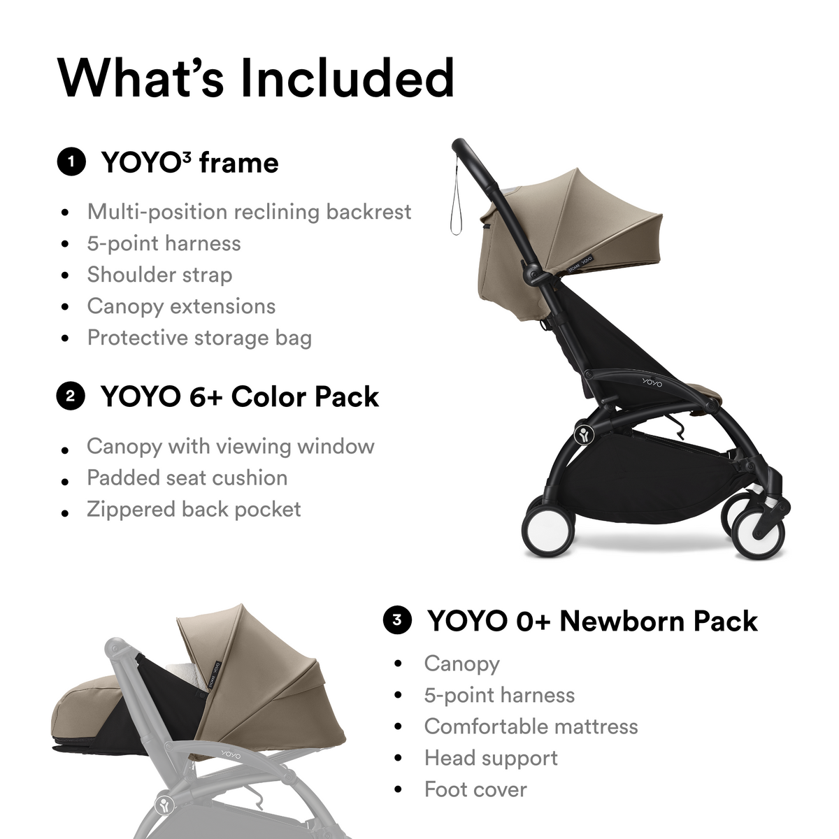 Stokke YOYO3 Black Frame & 0+ & 6+ Taupe Bundle