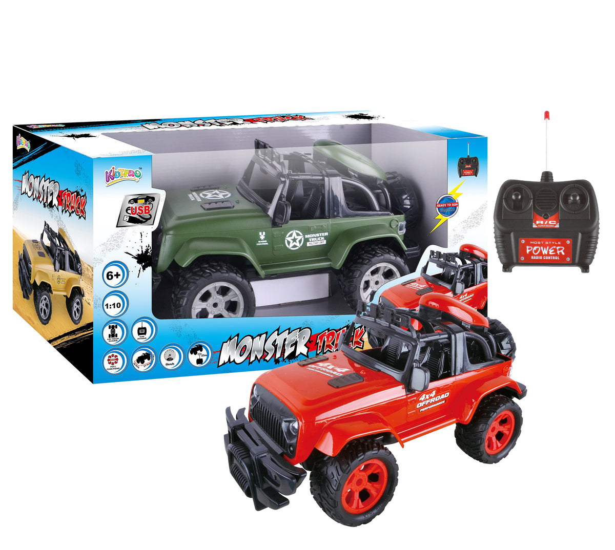 Kidzpro 1:10 RC Monster Truck with Lights - Assorted Colors, Random Selection