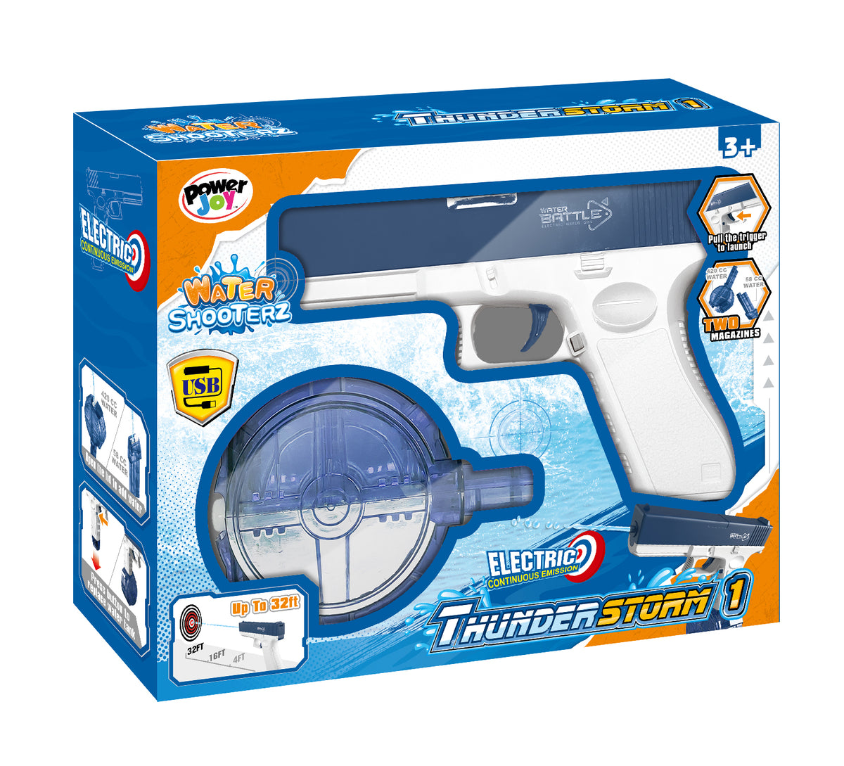 Power Joy Thunderstorm 1 Electric Water Gun - 32 ft Range & Dual Water Tank