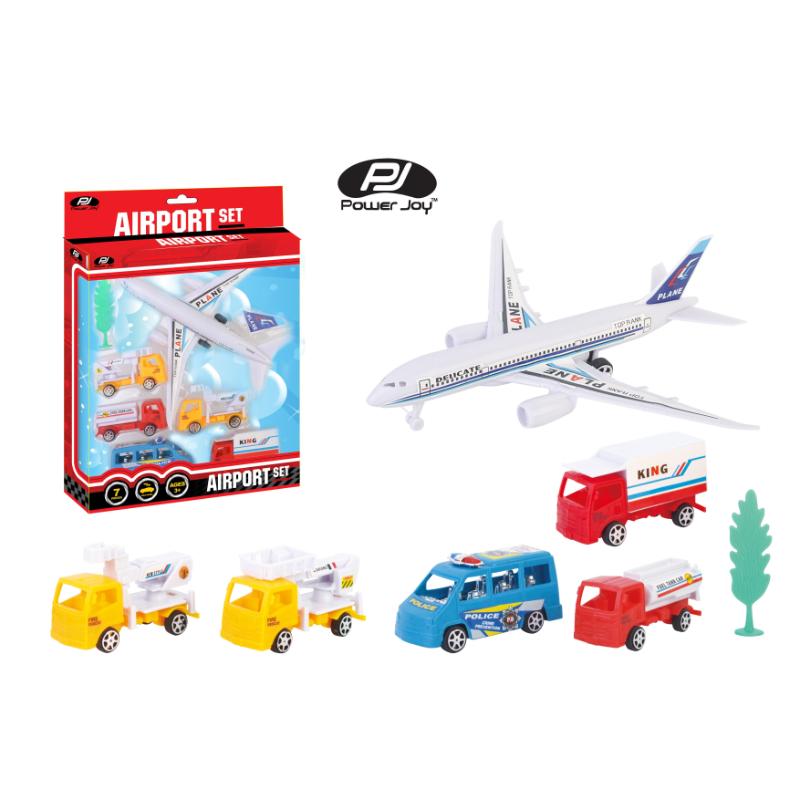 Power Joy Airport Play Set 7 Pieces Toy Airplane and Vehicles Set for Kids Ages 3+