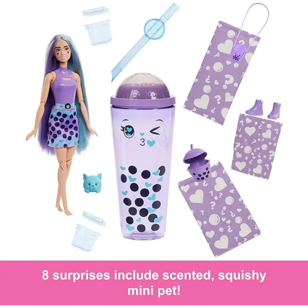 Barbie - Pop Reveal Bubble Tea Series Fashion Doll Taro Milk Scented with Puppy and 8 Color Changing Surprise Accessories