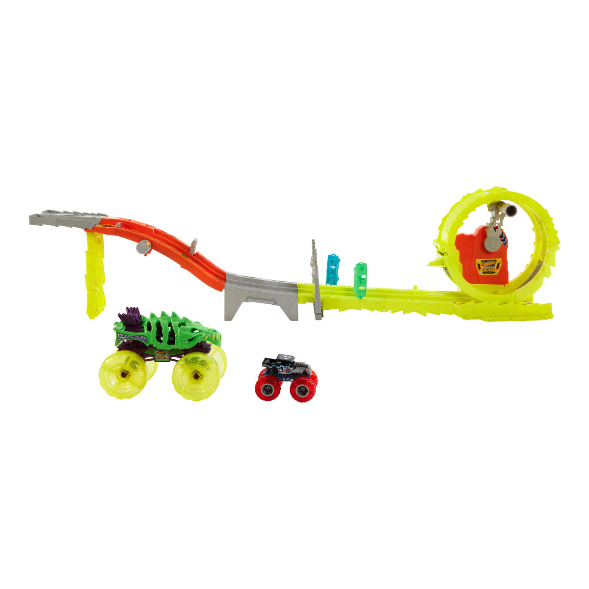 Hot Wheels Monster Trucks Skelesaurus vs. Bone Shaker Race and Crash Playset for Kids