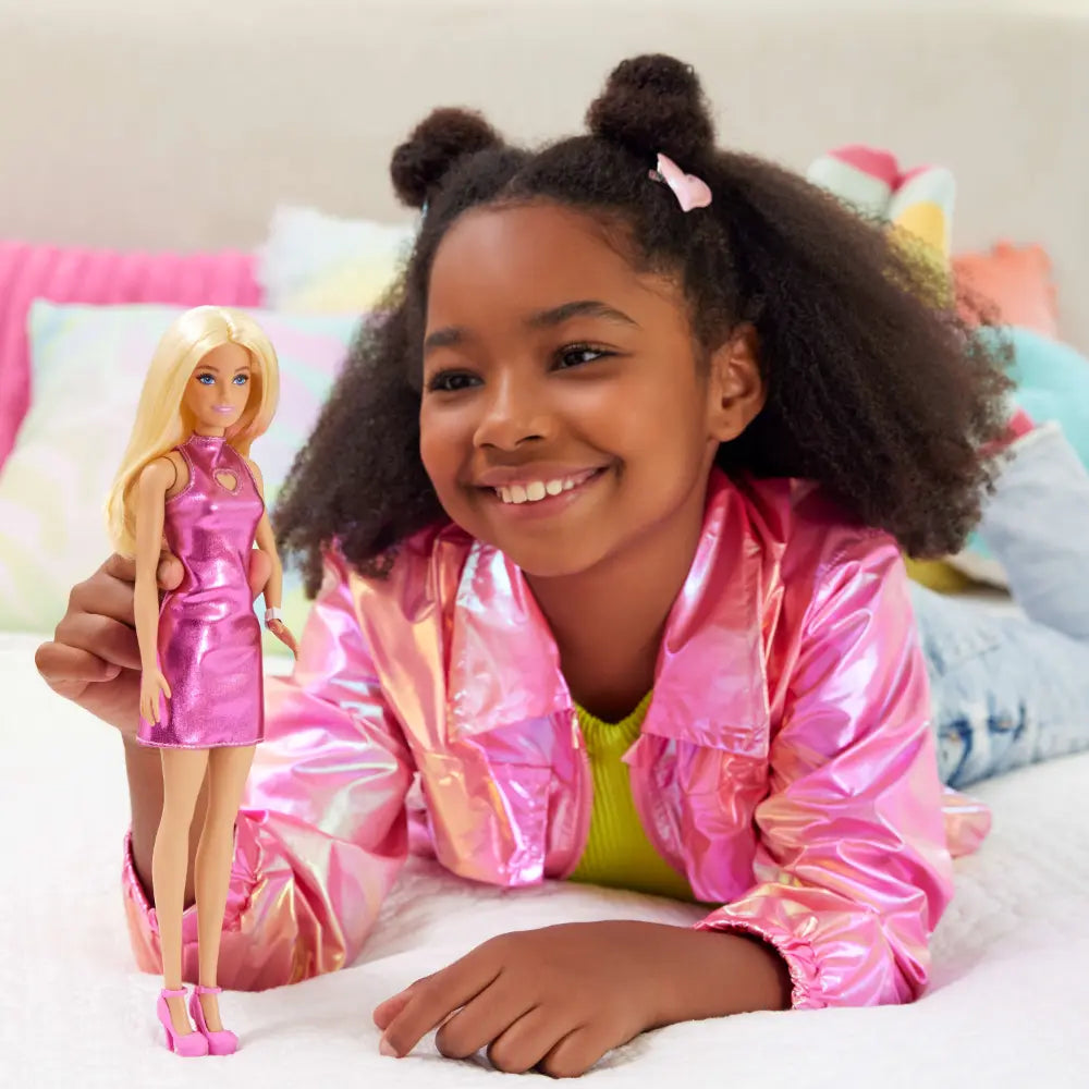 Barbie Fashionistas 11 Doll in Metallic Pink Mini Dress with Heart Cut-Out Blonde Hair