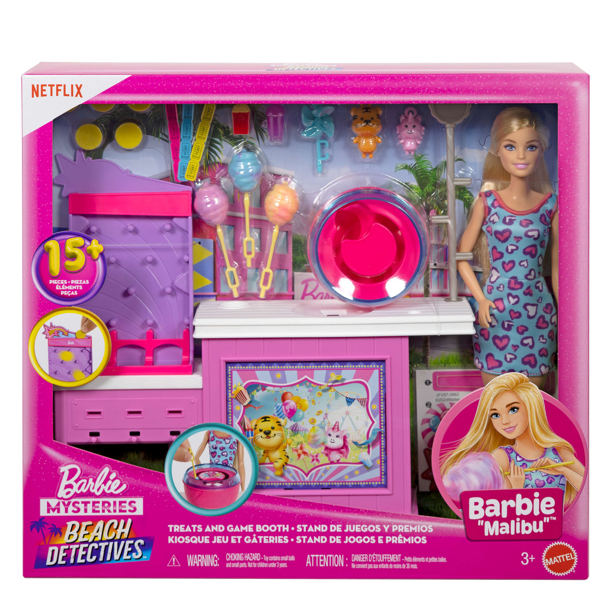 Barbie Mysteries Beach Detectives Malibu Doll & Cotton Candy Game Booth Playset with Accessories