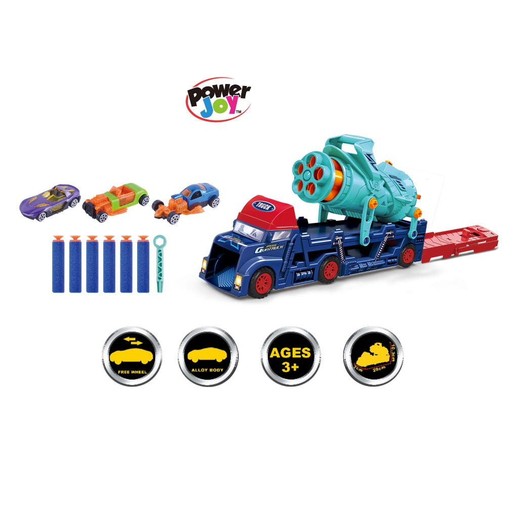Power Joy Vroom Vroom Car Shooter Truck Set 3 Die-Cast Cars with Foam Dart Launcher for Kids Ages 3+