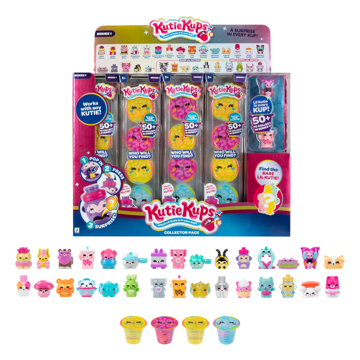 Kutie Kups Collector 4-Pack Series 1 Mini Collectible Toy Figures for Kids, 50+ Designs to Collect
