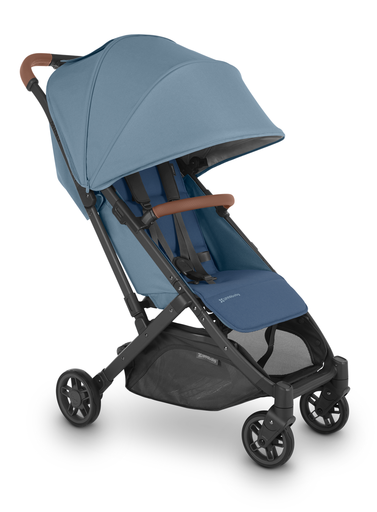 UPPAbaby Minu V2 Stroller Charlotte Coastal Blue Mélange Carbon Frame Saddle Leather