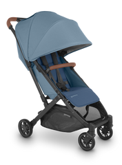 UPPAbaby Minu V2 Stroller Charlotte Coastal Blue Mélange Carbon Frame Saddle Leather