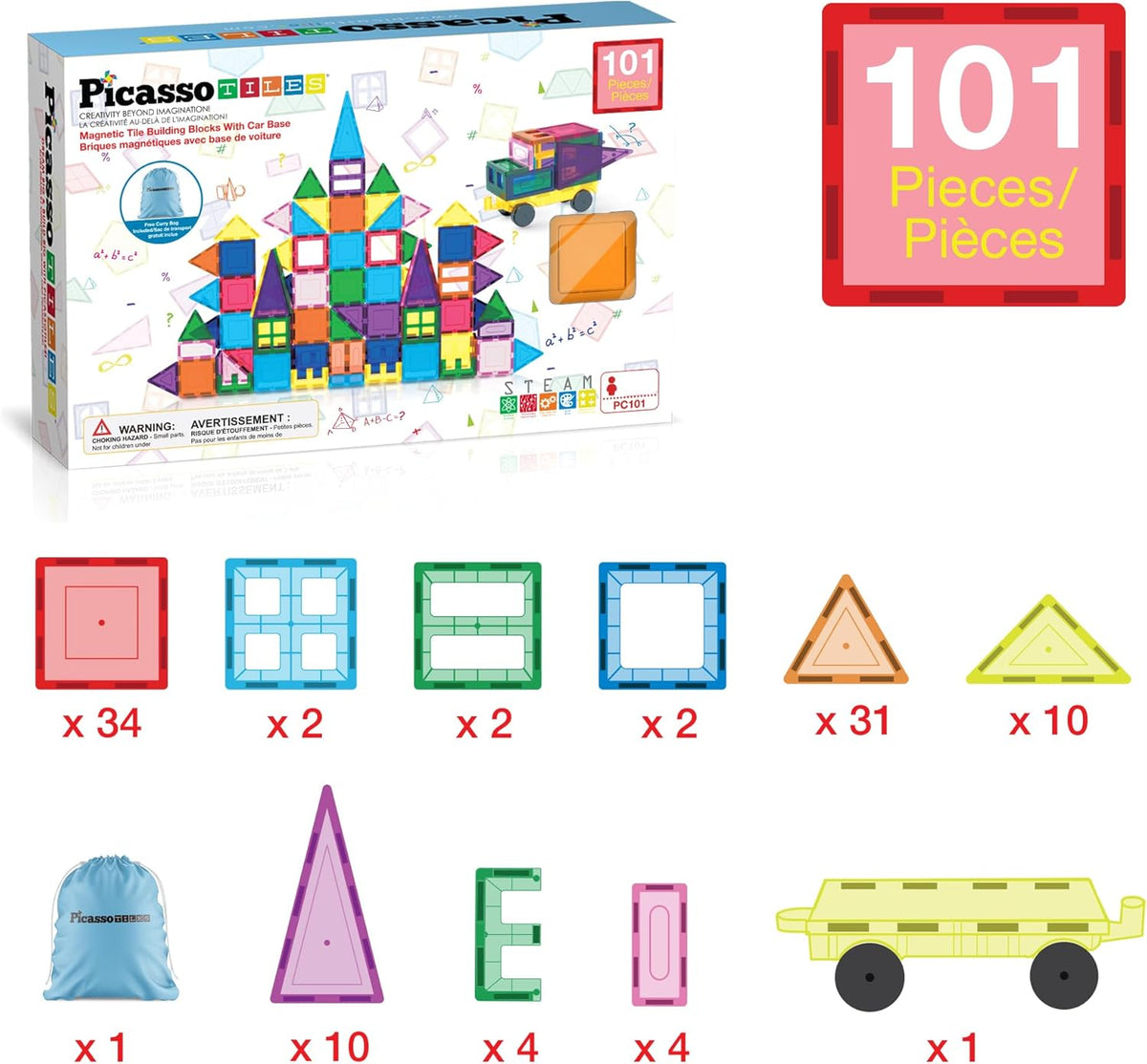 Picasso Magnetic Tiles Car Base with Carry Bag 101-Pieces