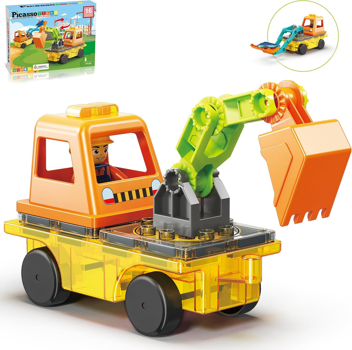 Picasso Magnetic Car Base Backhoe & Excavator 2-in-1  16-Pieces