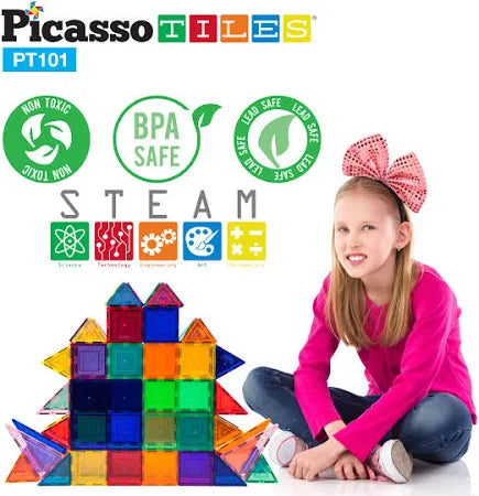 PicassoTiles 101-Piece Magnetic 3D Building Blocks Set for Kids