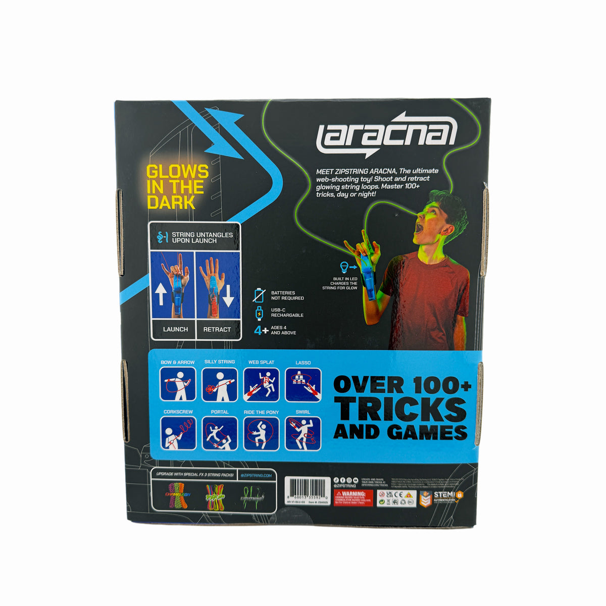 ZipString Aracna USB-C Rechargeable Glow-in-the-Dark Webshooter with Continuous String - High-Speed Trick & Stunt Toy for Kids, Teens & Adults